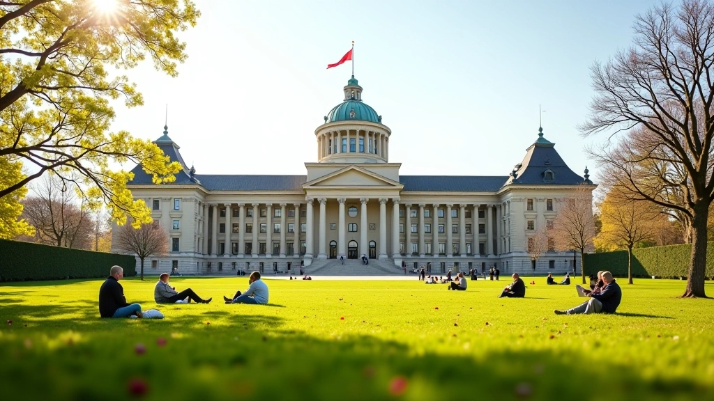 Lietuvos Seimo rūmai nuo prospekto, žmonės sėdi prie rūmų, žalas tvartas, balandžio ar gegužės pavasaris