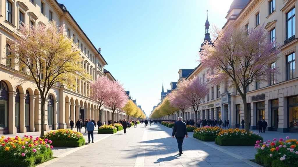 Miesto gatvė su žmonėmis pėsčiaisiais, šviesa iš šalies, architektūra fone